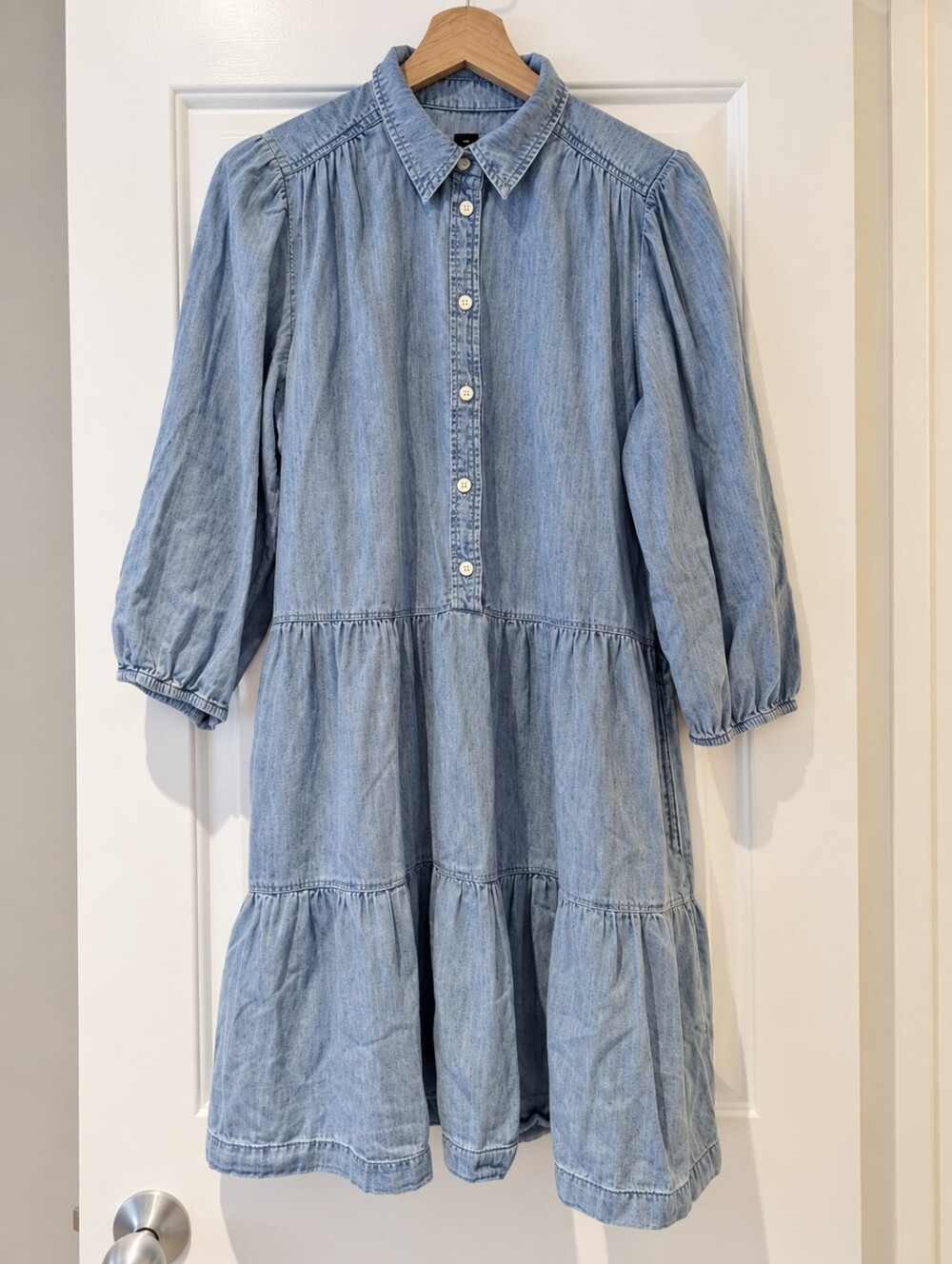Gap Babydoll Denim Tiered Mini dress Pockets Cottagecore Coquette Prairie S